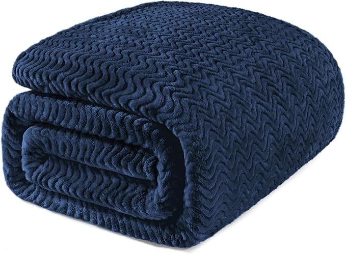 Exclusivo Mezcla Soft Fleece Blanket King Size, Cozy Lightweight Blankets with Decorative Wave Textured Suitable for All Season Use, Navy Blue, 90x104 Inches | 90"x104" Breathable Lightweight Flannel Blanket for Summer, Plush Cozy Jacquard Wave for Hom...