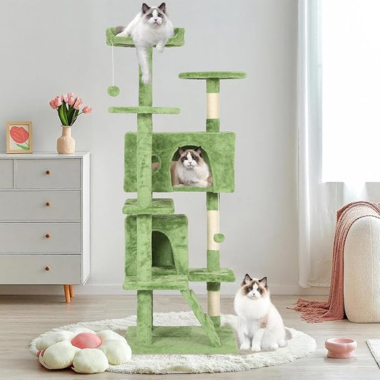 70 Inch Green Cat Tree, Tall Cat Tower with 2 Condos, 3 Scratching Posts, Multi-Level Platforms - Sturdy Climbing Structure Tall Cat Tower for Indoor Cats