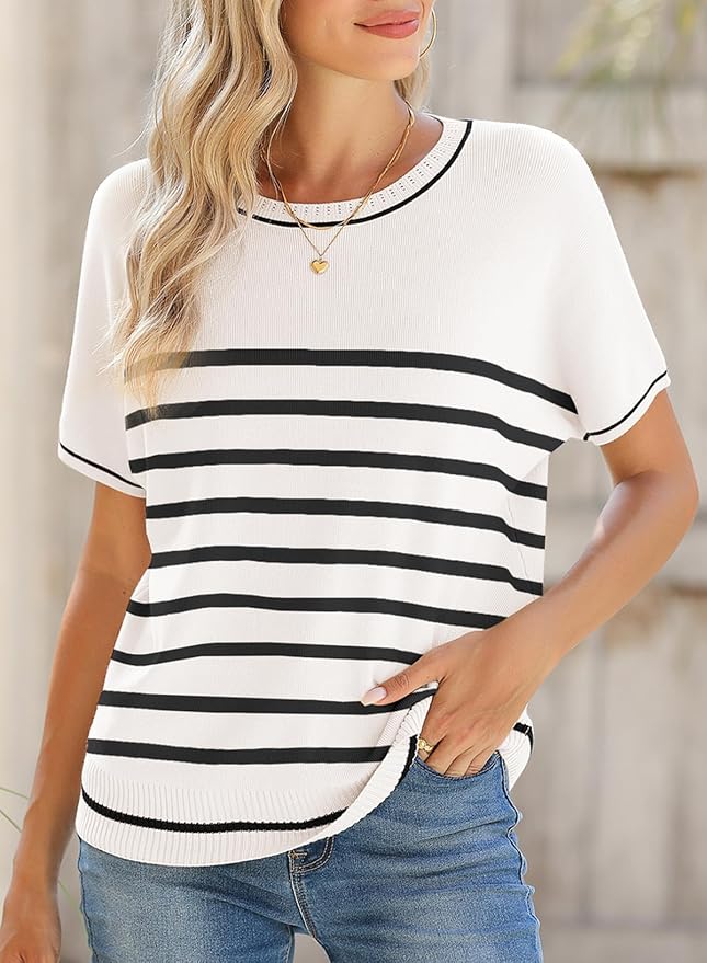 SHEWIN Womens Tops Trendy Short Sleeve Shirts Crewneck Lightweight Knit Sweater Top Business Casual Outfits