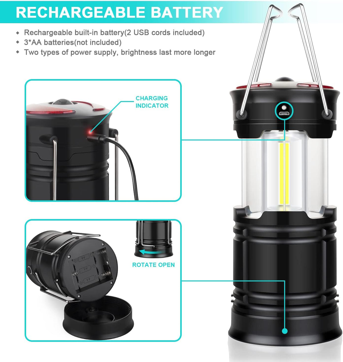 Skiennix 2-Pack Camping Lanterns - USB Rechargeable & Battery Powered LED Lights | Versatile for Hiking, Emergencies