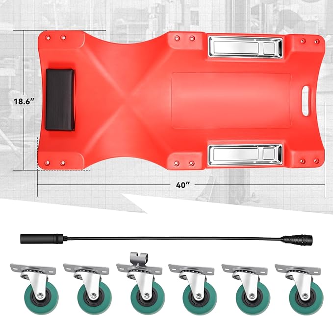 Auto Dynasty 40 Inches Mechanic Creeper, Automotive Garage Repair Low Profile Under Car Rolling Creeper with LED Light and Padded Headrest, Plastic, Red