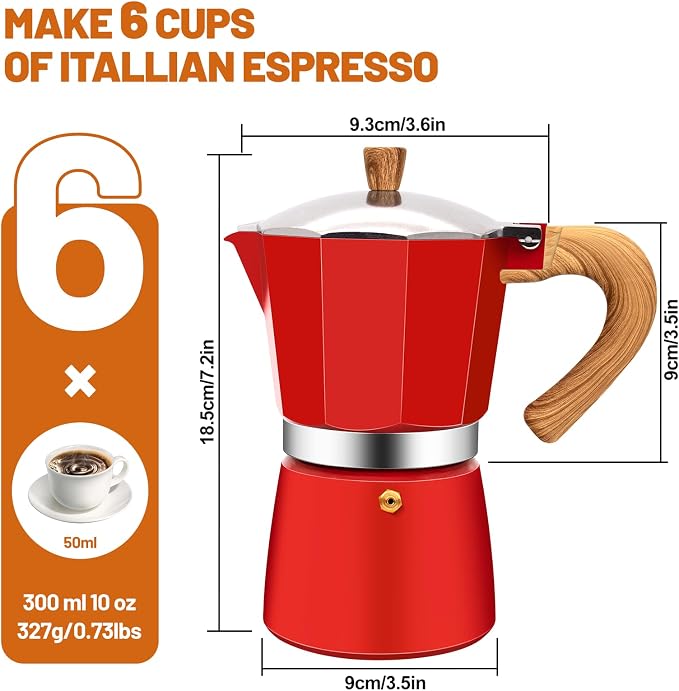 6 Cup Aluminum Espresso Stovetop Moka Pot Express Coffee Maker Percolator Italian Classic Mocha Coffee Machine for Italian and Cuban Cafe Brewing for Home & Camping 300ml 10oz
