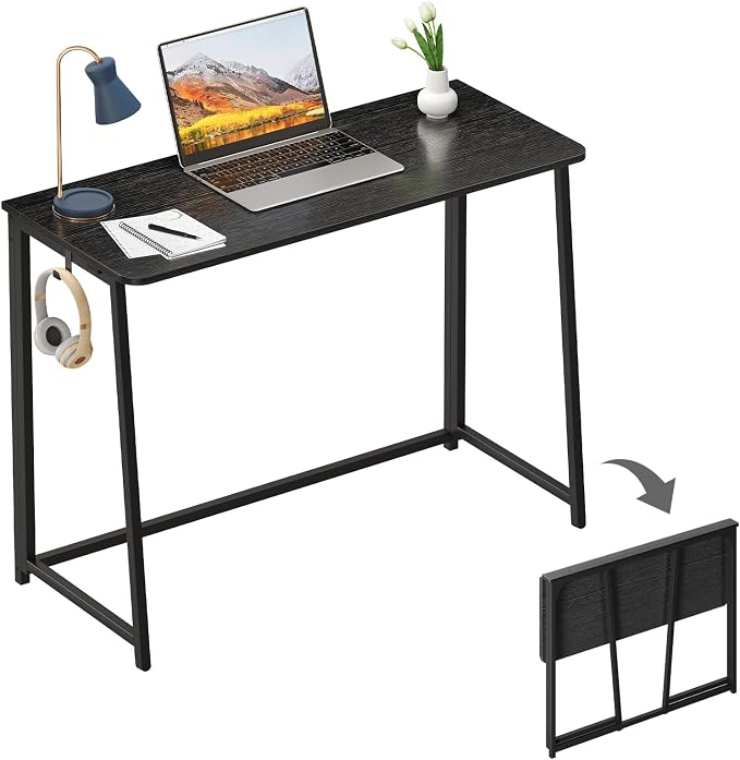 WOHOMO Folding Desk, 39.4" Foldable Computer Table for Small Spaces, Black | Easy Assembly and Fold, Sturdy Home office desks for Study Bedroom Dorm Space Saving Writing Work Apartment