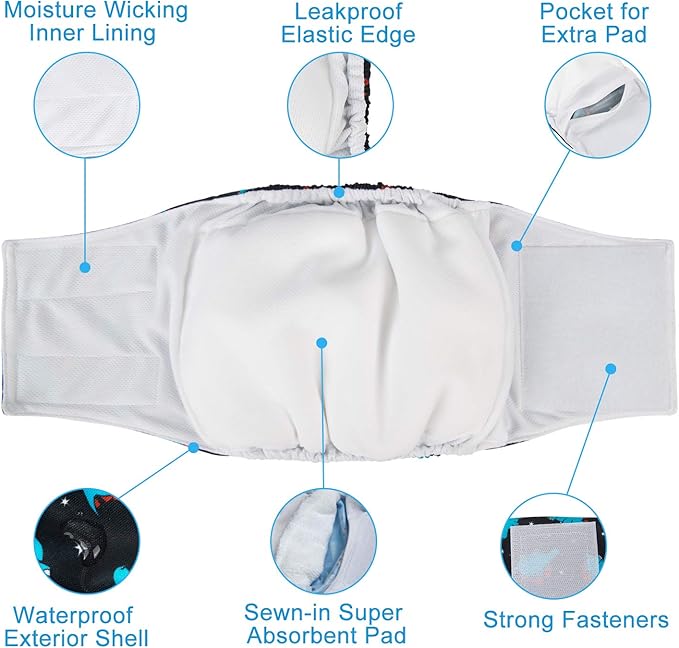 CuteBone Dog Diapers Male Washable Belly Band for Male Dogs Wraps Black 3pcs a Pack DM44L