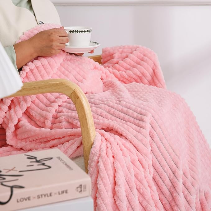 Puncuntex Fleece Throw Blanket Light Pink 90"×90" with Square Grid Design | Super Soft Plush Cozy Flannel Throw Blanket Luxury for Couch Sofa Chair