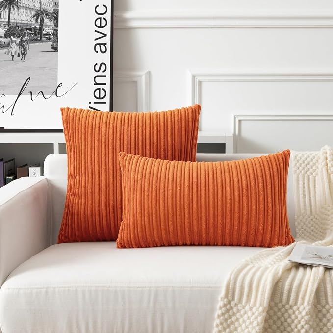 UGASA Fall 14x24 Inch Pillow Cover Pack of 1 Soft Boho Stripe Corduroy Long Rectangle Lumbar Cushion Case Farmhouse Decorative Throw Pilowcase for Bed, Couch, Sofa, Bedroom, Living Room, Dark Orange