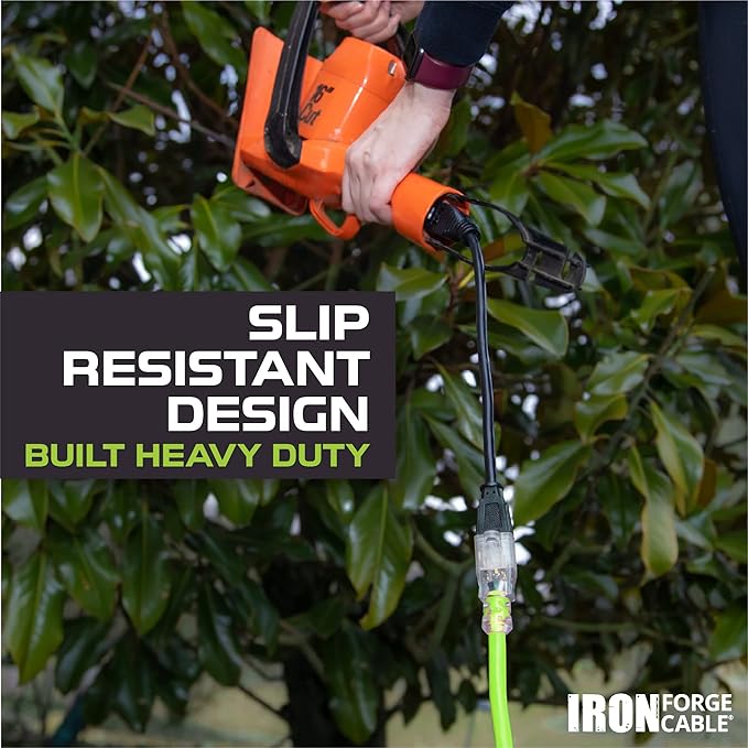 Iron Forge Cable Weatherproof 25 Ft Outdoor Extension Cord Neon Green - 12/3 SJTW 15 Amp Heavy Duty Light Green High Visibility Cable with 3 Prong - Lighted End