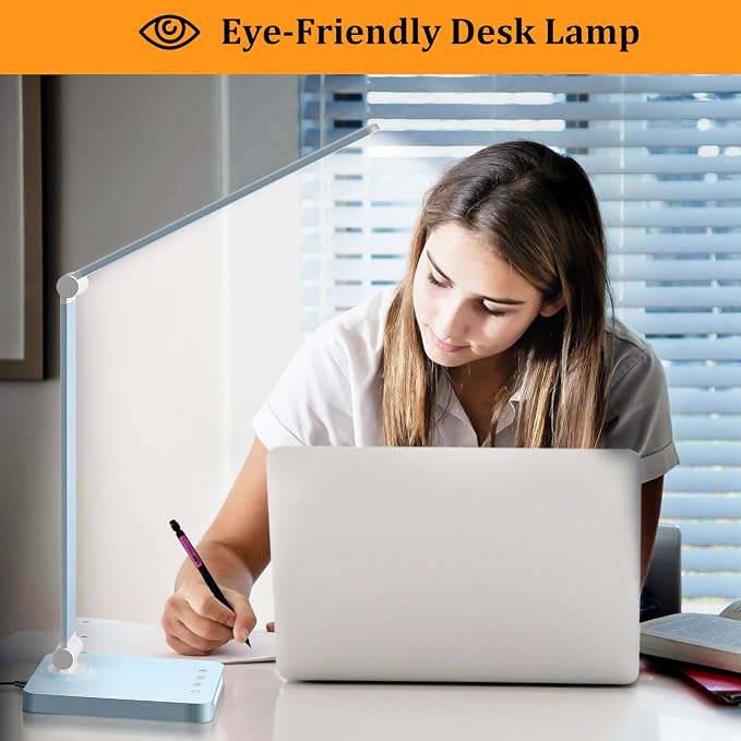 LED Desk Lamp with USB Ports,Touch Desk Lamps for Home Office with 5 Modes | 3 Brightness Desk Light with Small Night Light,Reading Lamp Table Lamp for Bedroom Bedside Study Blue （with adapter）