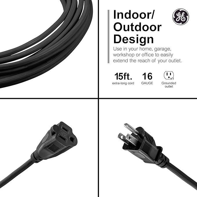 GE Outdoor Extension Cord, Heavy Duty 16AWG 3 Prong Extension Cord Outdoor, 13 Amp 15 Ft Long Power Cable, UL Listed, Black, 50369