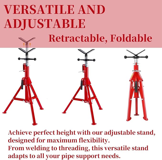 PioneerWorks V Head Pipe Jack Stand, 28-52in Adjustable Height, 2500Lbs Load, 1/8"-12" Pipe Capacity, Heavy Duty Pipe Stand Carbon Steel, Steel Jack Stands Portable Folding for Welding, Threading