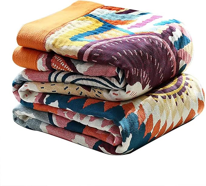 VANJOROY Boho Throw Blanket, 100% Organic Muslin Cotton Skin-friendly Breathable Ultra Soft Bed Quilt Throw - All Season Bohemian Decor Luxury Colorful Blanket for Sofa Couch Chair and Gift. 91" x 98"