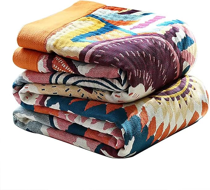 VANJOROY Boho Throw Blanket, 100% Organic Muslin Cotton Skin-friendly Breathable Ultra Soft Bed Quilt Throw - All Season Bohemian Decor Luxury Colorful Blanket for Sofa Couch Chair and Gift. 80" x 90"