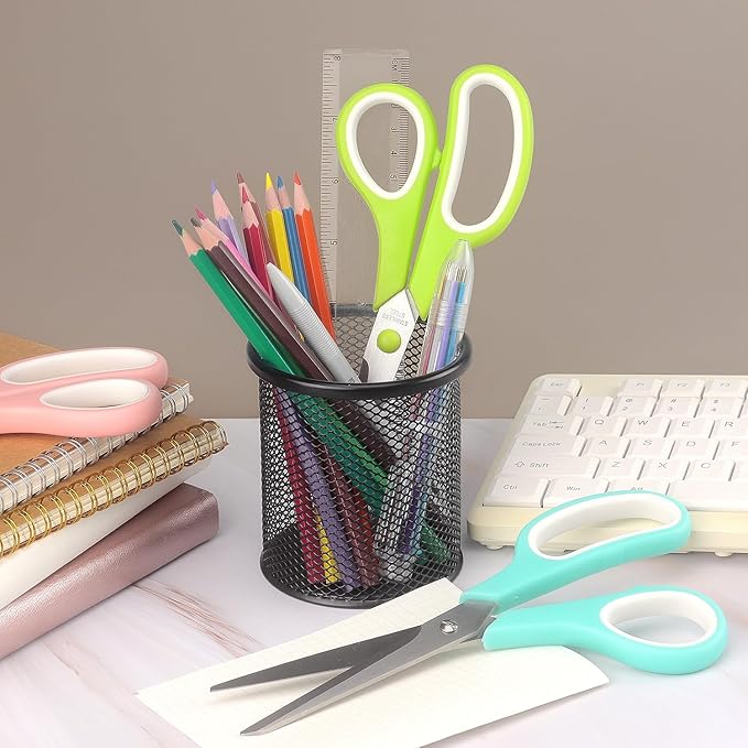Scissors 8.5 Inch scissors all purpose Bulk Set of 3, Scissors for Office Home School Craft Supplies, Soft Comfort-Grip Right/Left Hand, Viridian, Vivid Green, Pink