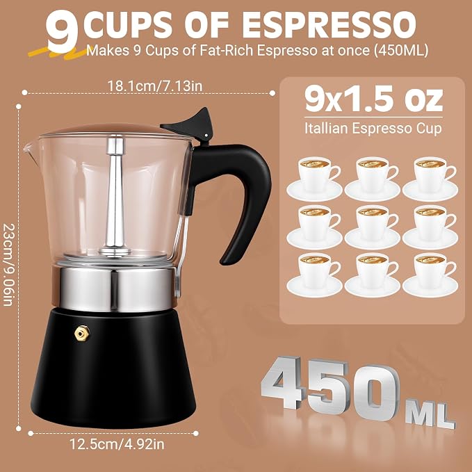 9 Cup 450ml Glass Moka Pot, Stovetop Espresso Maker, Black | Crystal Glass-top & Stainless Steel Coffee Maker, Induction Compatible, for Greca de Cafe, Cuban and Italian Coffee Brewing