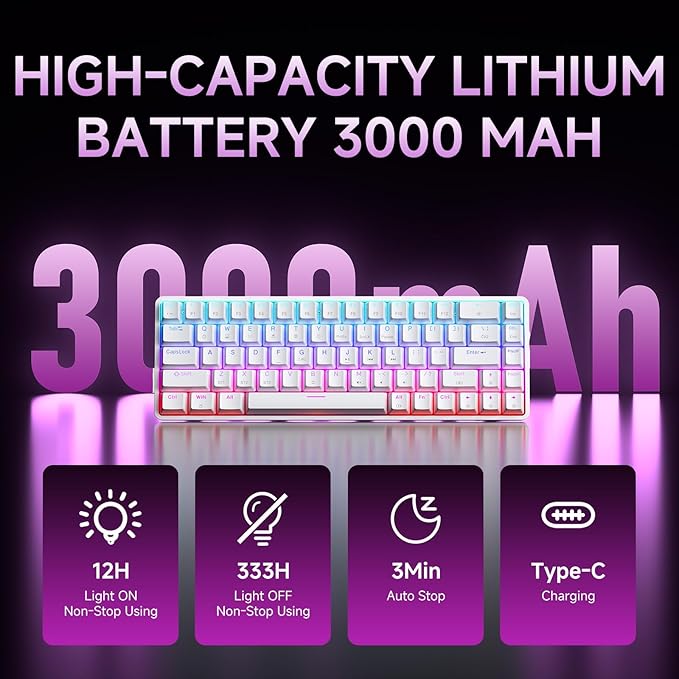 DIERYA DK68 60% Wireless Mechanical Gaming Keyboard, 3-Mode, Bluetooth 5.0/2.4G/USB-C, RGB Backlit, 68-Key Compact Mini for Windows, Mac, Linux - Clicky Blue Switch - White