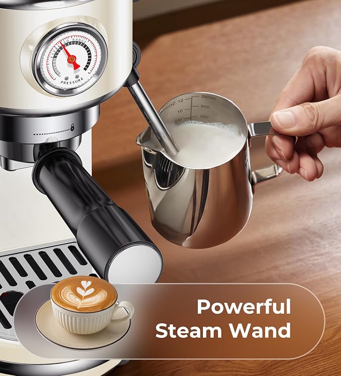 atatix 20 Bar Espresso Machine with Milk Frother, Compact Espresso Maker | Stainless Steel Coffee Machine with Precise Temp Control & 44oz Removable Water Tank for Latte, Cappuccino, Creamy White