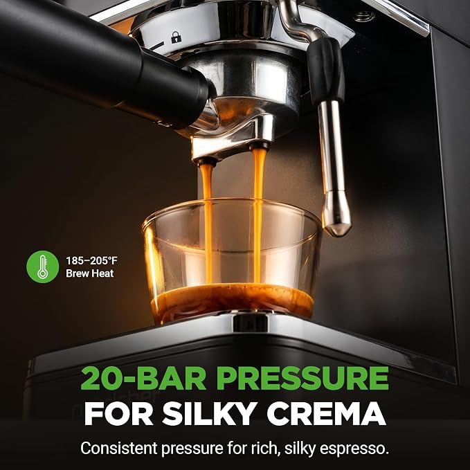 NutriChef 20-Bar Espresso Maker With Milk Frother | Removable 1.8 Quart Water Tank | Coffee Maker for Brewing Espresso, Cappuccino, Latte, Americano & Cold Brew Coffees | Black