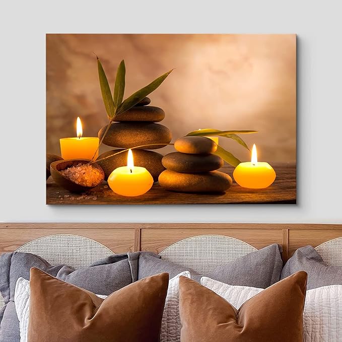 wall26 Canvas Print Wall Art Candles with Massage Stones in Romantic Brown Atmosphere Floral Nature Photography Realism Bohemian Scenic Cool for Living Room, Bedroom, Bathroom, Office - 24"x36"