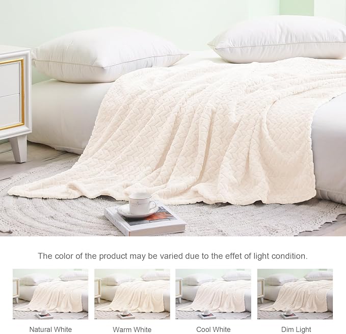 Exclusivo Mezcla Soft Fleece Bed Blanket Twin Size, 60”x80”, Off White | Cozy Fluffy Lightweight Blankets for Summer, Decorative Plush Flannel Throws for Living room, Bedroom with Leaves Pattern