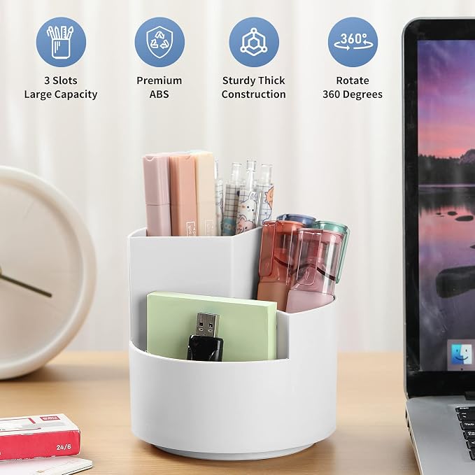 Desk Pencil Pen Holder, 3 Slots 360-Degree Spinning Organizers, Desktop Storage Stationery Supplies, Cute Cup Pot for Office, School, Art Supply, Kids - Gray