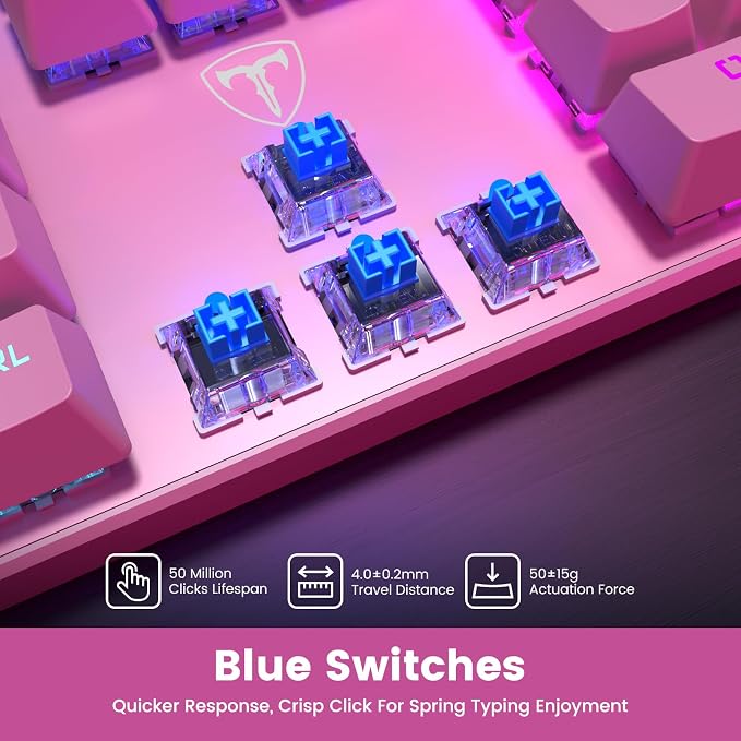 RisoPhy Mechanical Gaming Keyboard, Wired RGB 104 Keys, Blue Switch, Pink | Ultra-Slim Backlit USB Wired Keyboard, Durable ABS Keycap/Anti-Ghosting/Spill-Resistant Keyboards for PC Mac Xbox Game