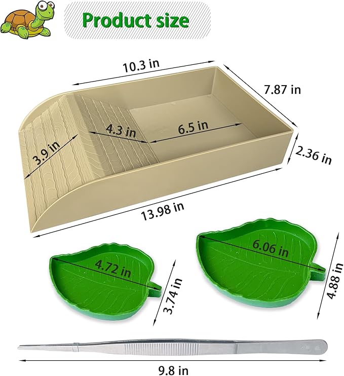 NGORAY Tortoise Feeding Dish with Ramp and Basking-Platform - Leaf Tortoise Water Food Bowls, Reptile Water Dish Amphibians Habitat, Reptile Water Bowl Fit for Amphibians with Forcep Cleaning Clip