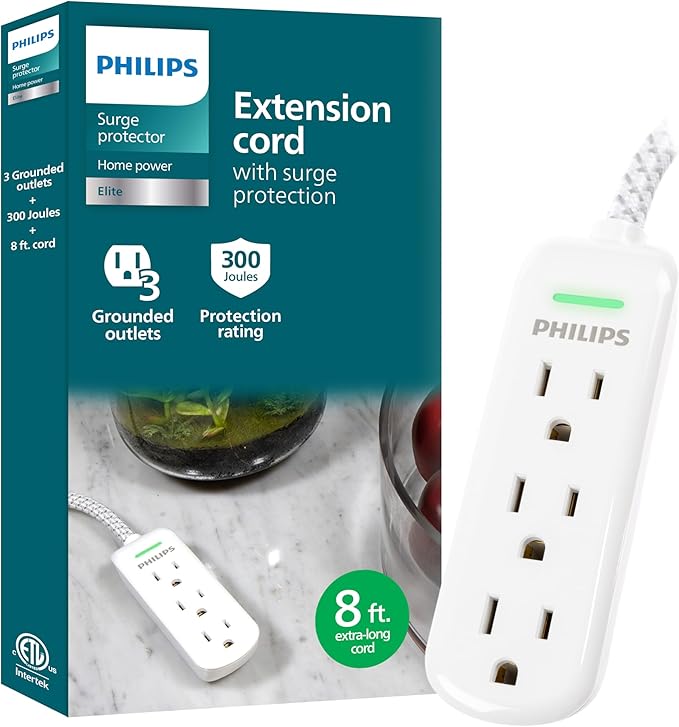 Philips 3-Outlet Grounded Extension Cord, 8 Ft Indoor Extension Cord with Surge Protection, Flat Plug Surge Protection Power Strip, 300 Joules, UL Listed, White, SPP3433BB/37