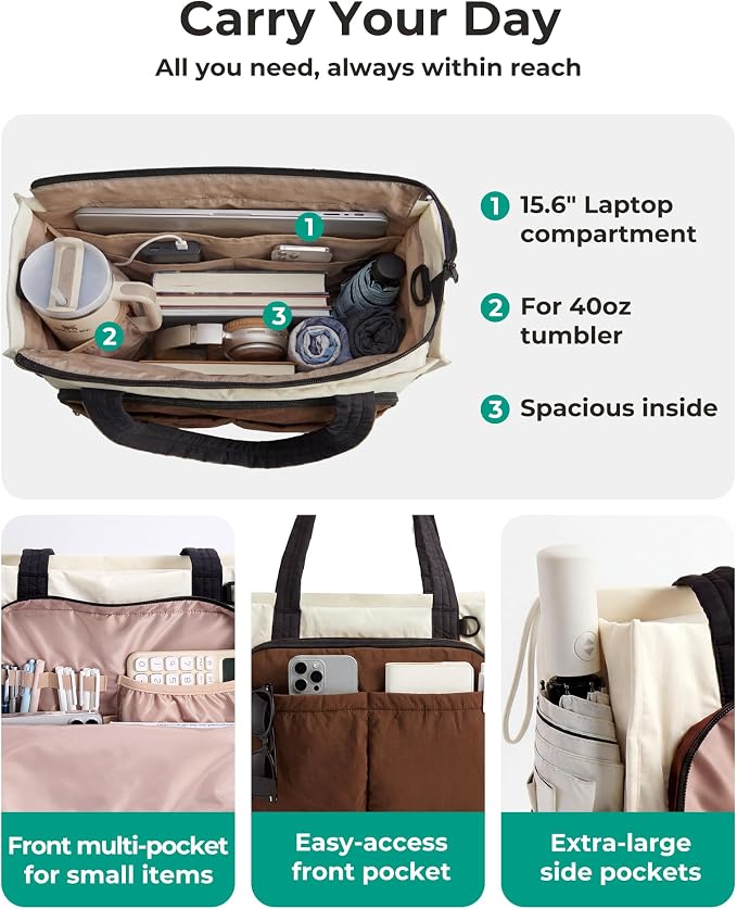BAGSMART Small Tote Bag for Women, 13'' Laptop Canvas Work Bag with Zipper | 30oz/40oz Tumble & 11 Pockets Travel Tote, Teachers/Nurses, Lightweight Canvas or Water-Resistant Puffer Taslon Crossbody Bag