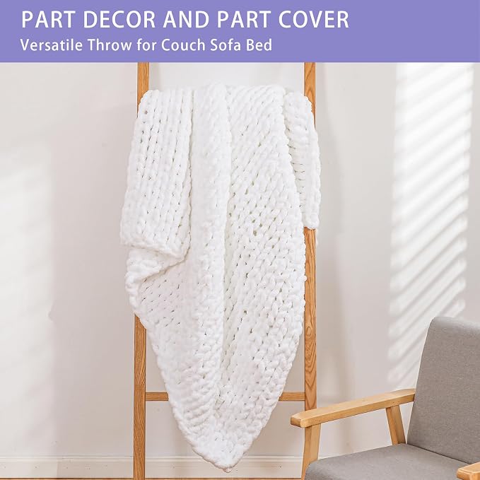 Bigacogo Chunky Knit Throw Blanket for Couch, 40x80 inches, Pure White | Hand Knit with Jumbo Chenille, Soft Breathable Cable Knit for Sofa Bed Living Room, Machine Washable, Gift for Mom Friend