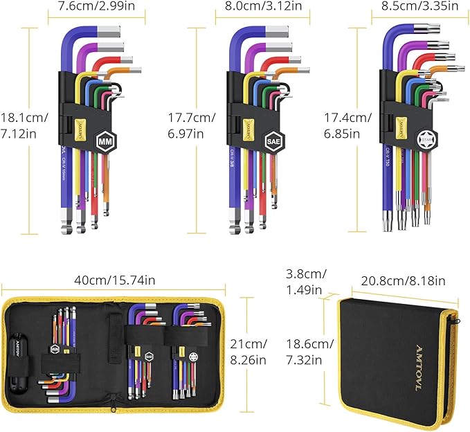 AMTOVL 27PCS Allen Key Set, Metric & SAE Allen Wrench Set, Extra Long Ball & Star End Hex Keys with T-Handle & Color Coding for Bicycle, Household DIY