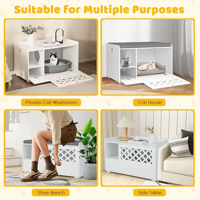 Tangkula Cat Litter Box Enclosure, Hidden Litter Box with Removable Cushion & Flip-Down Opening, Multifunctional Storage Cabinet Bench, Modern Litter Box Furniture Fits Most Litter Box (White)
