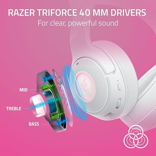 Razer Kraken Kitty V2 BT Wireless RGB Headset, White | Chroma RGB Kitty Ears & Earcups, Bluetooth 5.2, 40 mm Drivers, Noise-cancelling Mics, Lightweight, USB-C, 40 Hr Battery
