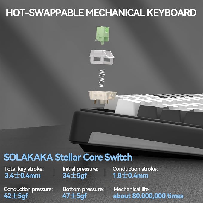 SOLAKAKA A75 PRO Black Gaming Keyboard 75% Wireless Mechanical with Screen and Knob, RGB Backlit Hot Swappable Gasket Pre-lubed PBT Keycaps for PC/Mac/Win