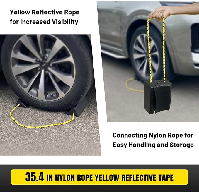 HOXWELL Dual Wheel Chocks, Light Non-Slip Wheel Stoppers with Nylon Rope Yellow Reflective Tape, Wheel Block for Lightweight Travel Trailer, Light Truck, Car, Tractor, Lawnmower 2 Pair, Black&Yellow