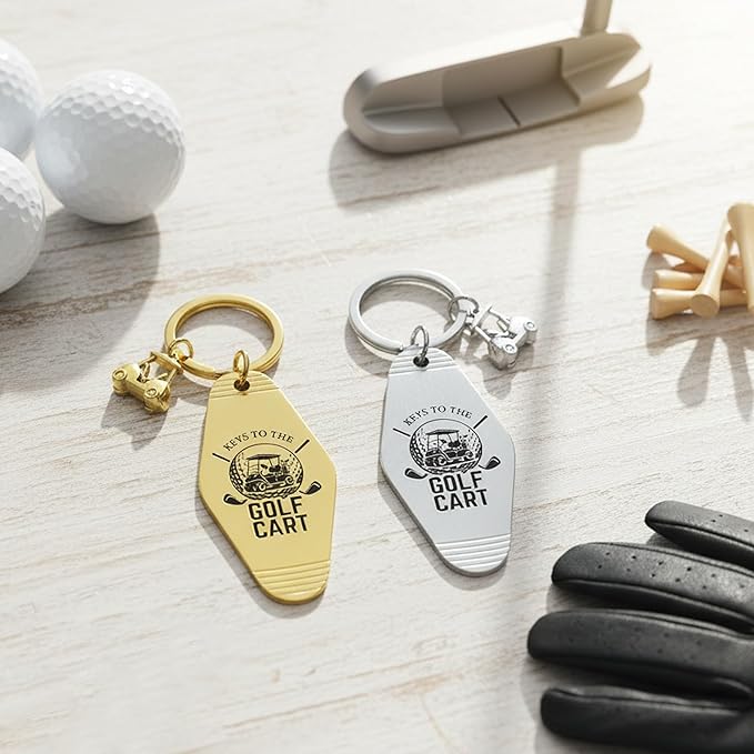 2pcs Golf Cart Keychain for Golfer, Retro Metal Car Accessories, Funny Golf Birthday Gifts Key Ring for Men Father Husband