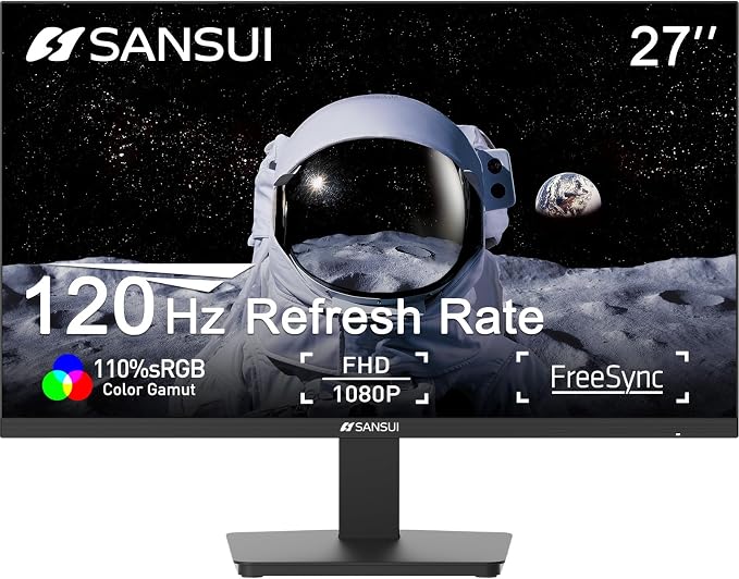 SANSUI 27 Inch Monitor,120Hz Computer Monitor Full HD 1920 x 1080P with HDMI DP Ports, 4000：1 Contrast, 110% sRGB, Eye Care, Frameless, 100 x 100mm VESA Mountable, for Work, Business, Gaming