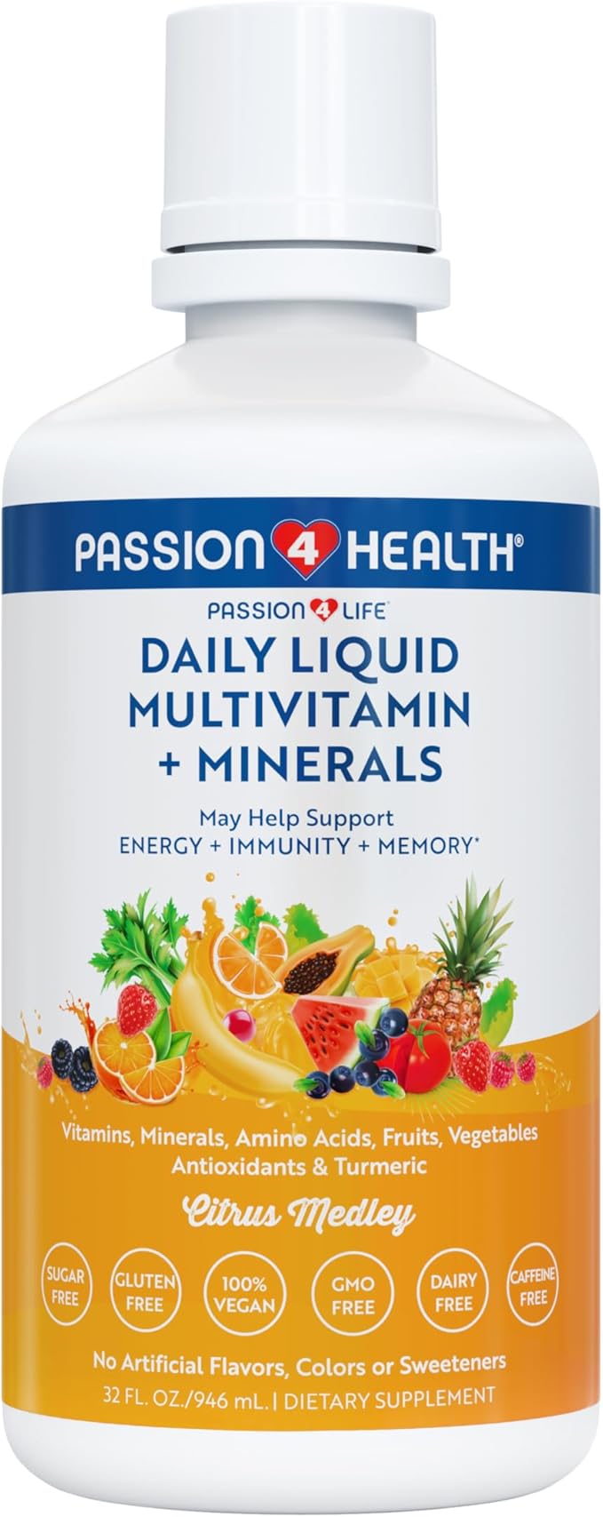 Mega Liquid Multivitamins, Trace Minerals, Amino Acids, Turmeric for Adults, Men, Women, Teens, Kids, Non-GMO, No Soy, No Dairy
