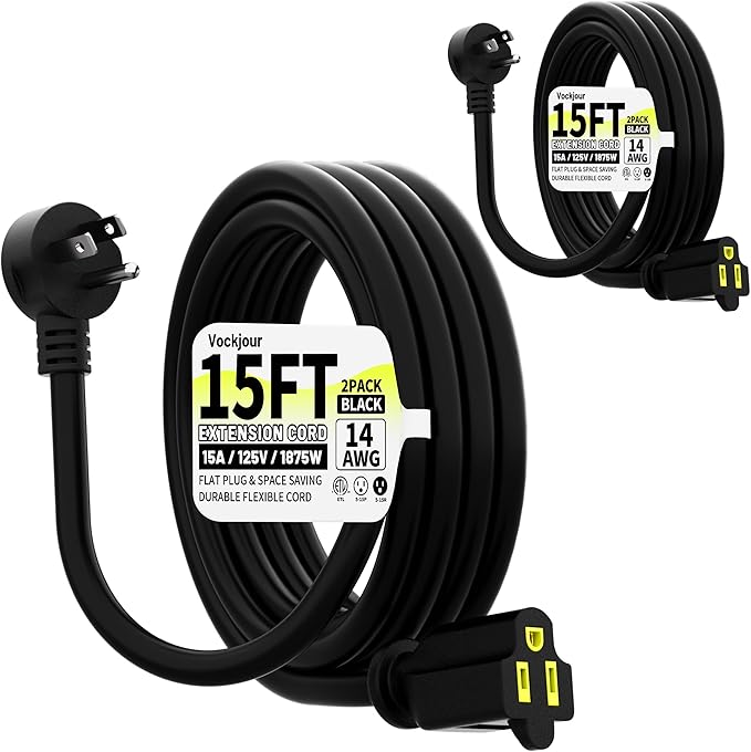 Vockjour 15 FT 2 Pack Black Low Profile Flat Plug 14 Gauge Heavy Duty Extension Cord, 14AWG 3-Wire Grounded Appliance Extension Cord, 15A/125V/1875W SJTW ETL Listed Power Cord