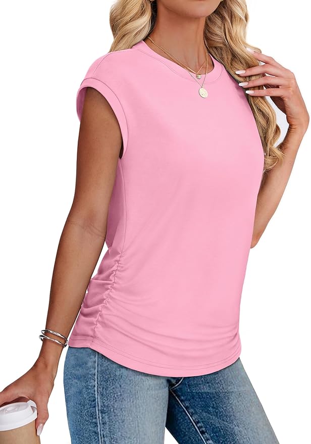 Sampeel Womens Summer Tops Trendy 2026 Ruched Cap Short Sleeve Tshirts Shirts Crew Neck T Shirts Fashion