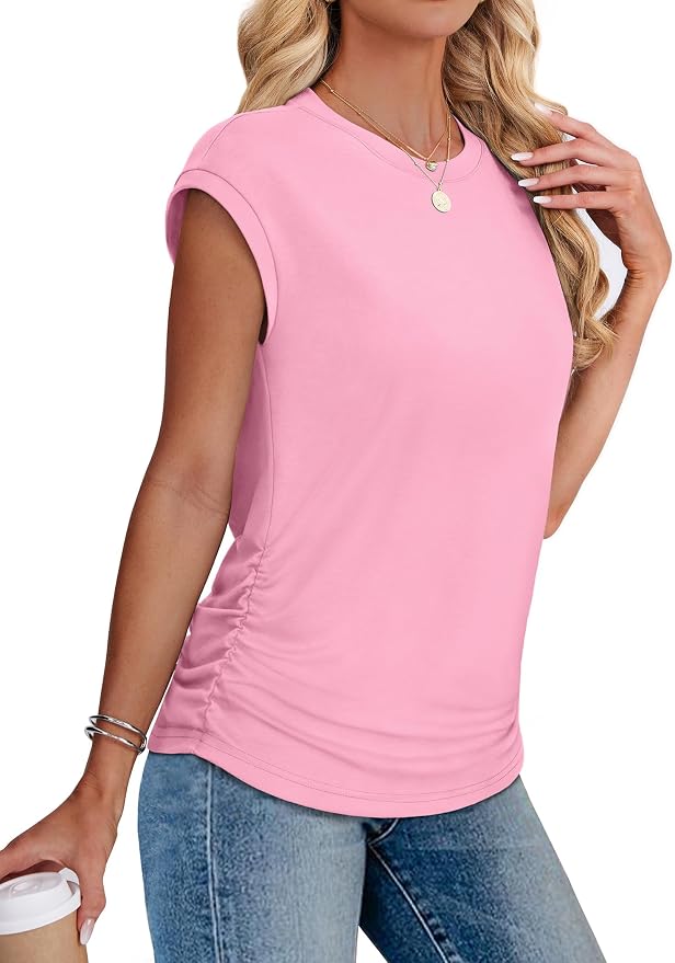 Sampeel Womens Summer Tops Trendy 2026 Ruched Cap Short Sleeve Tshirts Shirts Crew Neck T Shirts Fashion