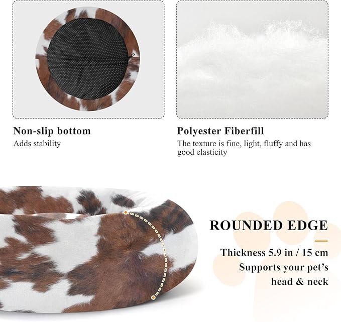 Round Cat Bed Dog Bed,20in Cow Print Washable Non-Slip Bottom Soft Pet Bed for Small Medium Dogs and Cats