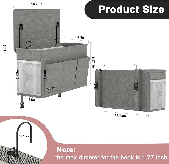 Dual-purpose Bedside Caddy Bedside Organizer, Bed Caddy with 6 Pockets, Versatile Bedside Storage Solution Magazine Remotes holder, ideal for Home, Dorm, Hospital, Crib Bed (Grey)