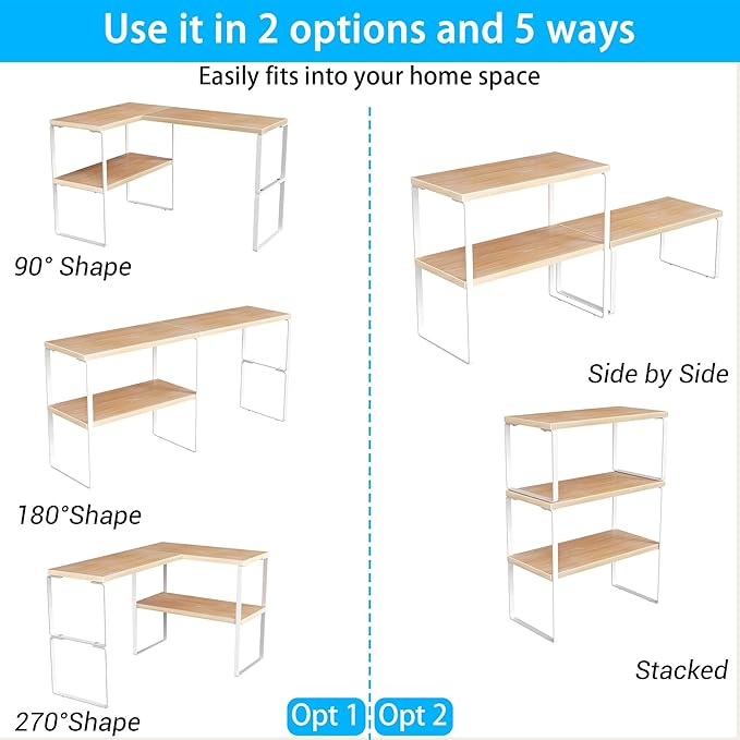 Golener Countertop Organizer Corner Shelf, 2-Tier Adjustable Stackable Corner Shelves for Kitchen, Spice Rack, Coffee Bar, Over Sink, Bathroom, Dresser Table, Corner Counter Shelf Stand, Natural Beige