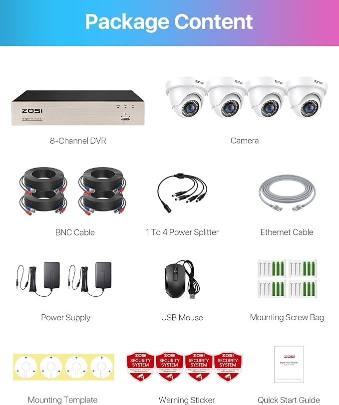 ZOSI 3K Lite 8CH H.265+ Home Security Camera System with AI Human/Vehicle Detection,Night Vision,5MP Lite 8 Channel CCTV DVR,4pcs 1080P 1920TVL 2MP Outdoor Indoor Surveillance Dome Cameras (No HDD)
