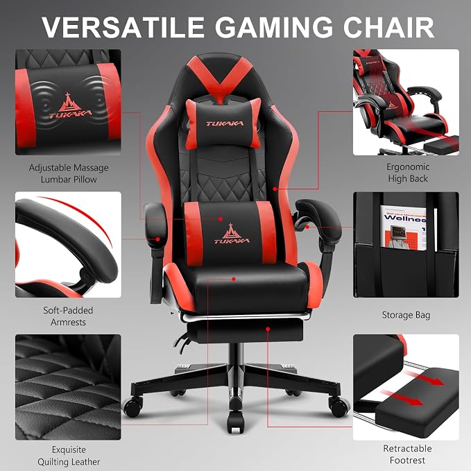 Gaming Chair,Ergonomic Massage Office Desk Chair with Footrest,Red | Pocket Spring Cushion,Reclining,Thick High Back,Headrest and Lumbar Support,Adjustable Leather Computer Chair Gamer Chair