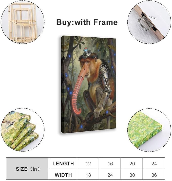 Framed Steampunk Mechanical Proboscis Monkey Wall Art - Jungle Neon Retro Poster for Apartment Leisure Area Decor 16x24inch(40x60cm)
