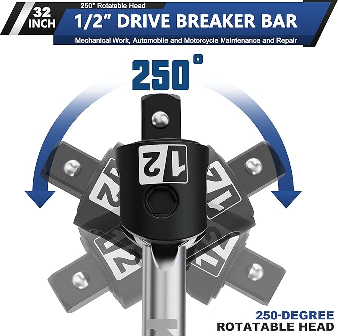 32-Inch 1/2” Drive Breaker Bar, Heavy Duty Extension Breaker Bar, 250° Rotatable Head, Premium Chromium Molybdenum Steel, Mechanical Work, Automobile and Motorcycle Maintenance and Repair