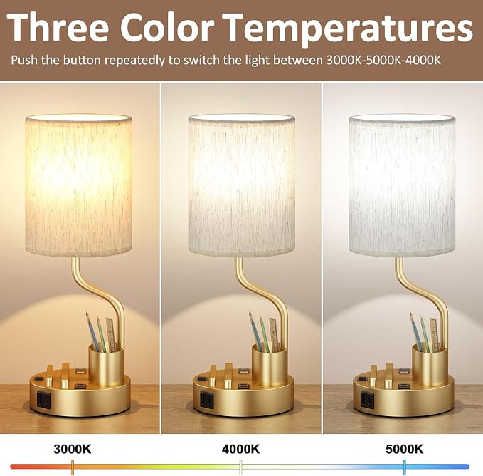 Fenmzee Bedside Lamps for Bedroom Set of 2 - Table Desk Lamp for Nightstand | 15" Table Lamp for Living Room with Pen Holder & Phone Stand, USB A+C Port, AC Outlet, 3 Color Temperature, LED Bulb Included