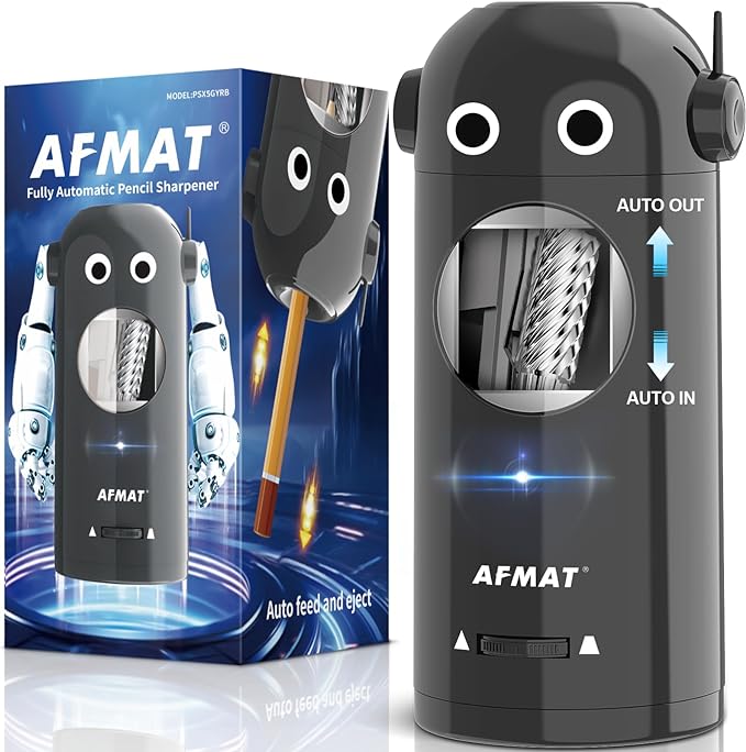 AFMAT Electric Pencil Sharpener for Colored Pencils 7-11.5mm, Fully Automatic Robot Pencil Sharpener, Auto in & Out, Rechargeable Hands-Free for Classroom/Home/Office, Battery Operated, PSX5RB, Gray