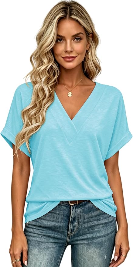 T Shirts Short Sleeve V Neck Tees Womens Tops Beach Vacation Fashion Clothes 2026 Casual Summer Spring Fall Outfits